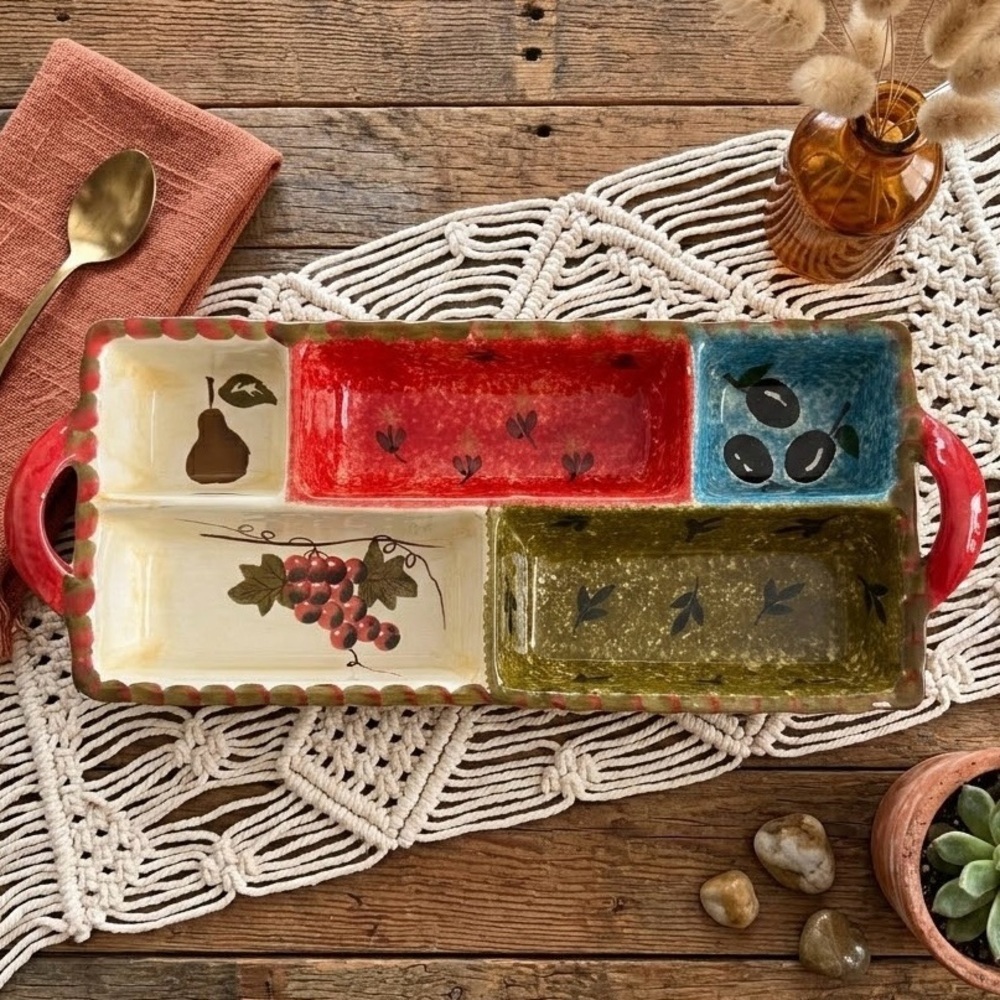 Casa Elite Hand Painted Sectional Serving Tray Tuscan Mediterranean Boho Party